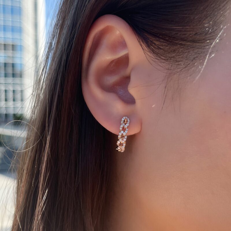 18K Rose Gold Pave Diamond Curb Diamond Chain Earrings